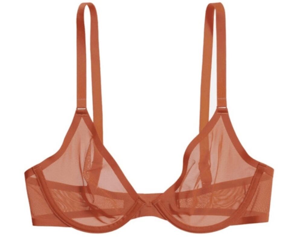 CUUP The Plunge Bra 38E Clay Sheer Mesh Underwire Minimalist Lingerie